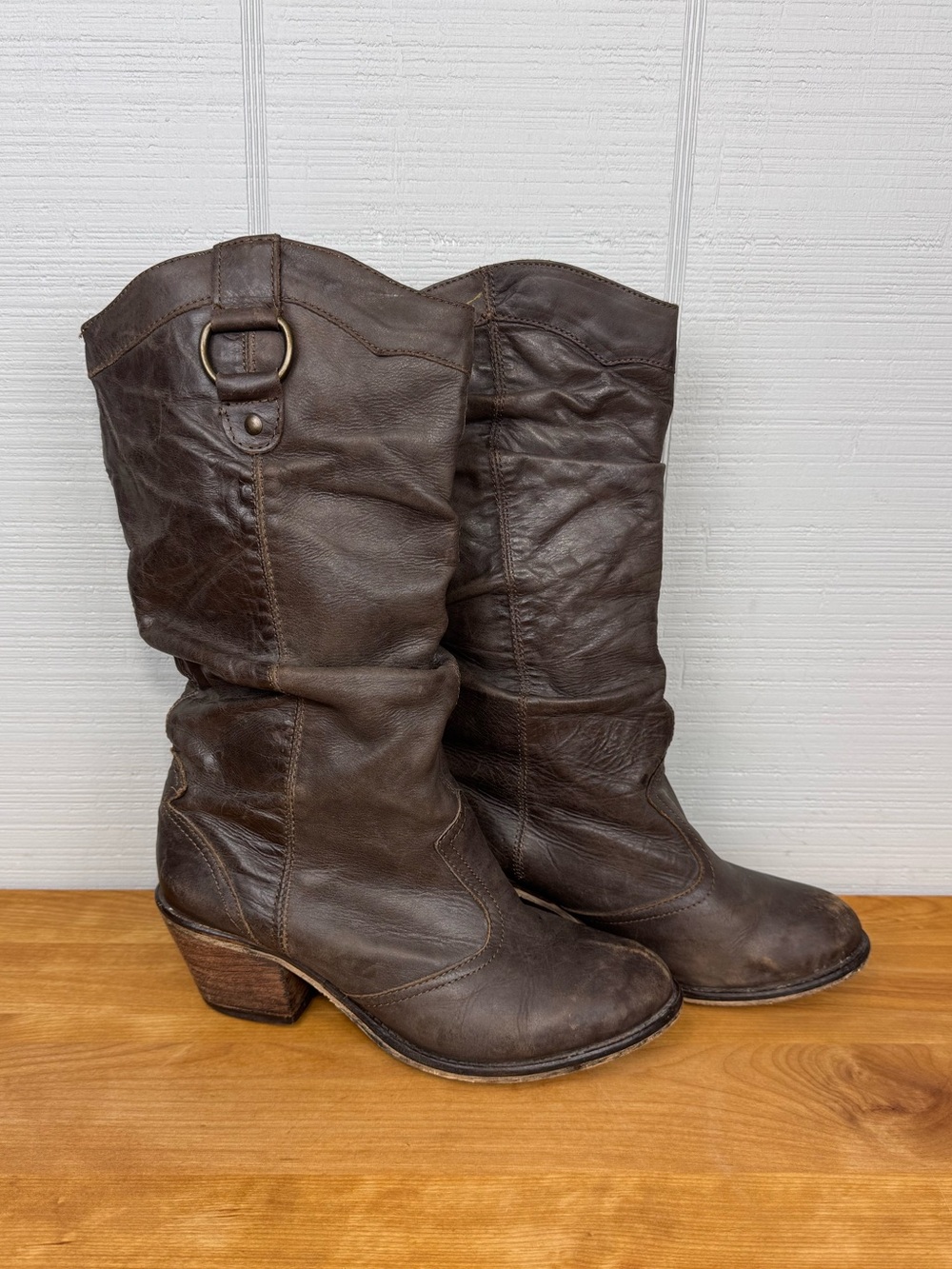 Steve Madden Gammbble Buttery Brown Leather Slouchy Cowboy Boots Mid Calf Heel